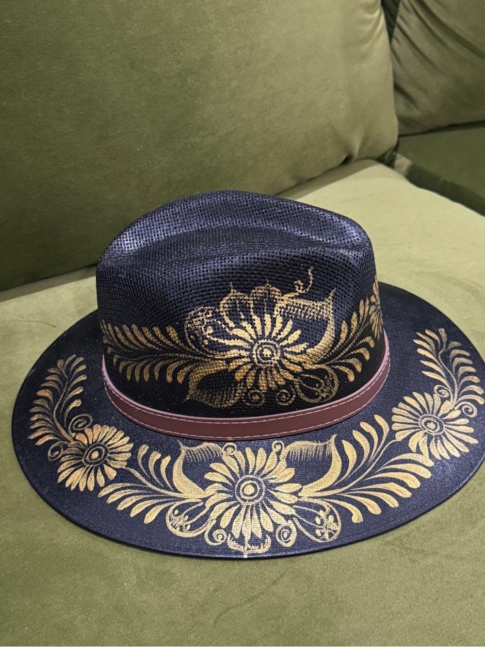 Hand Crafted Black Fedora with Gold Floral Accents and Brown Band - Picture 3 of 5